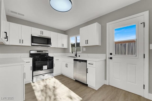 kitchen with white cabinetry, appliances with stainless steel finishes, sink, and light hardwood / wood-style floors