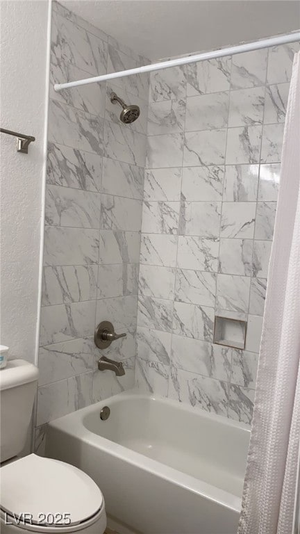 bathroom with toilet and shower / bathtub combination with curtain