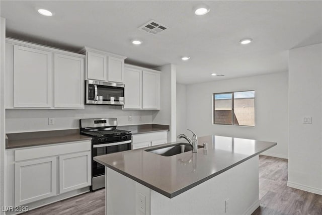 kitchen featuring white cabinetry, stainless steel appliances, sink, and a center island with sink