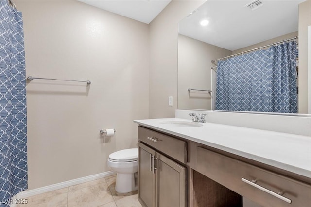 bathroom with vanity, tile patterned floors, toilet, and a shower with shower curtain