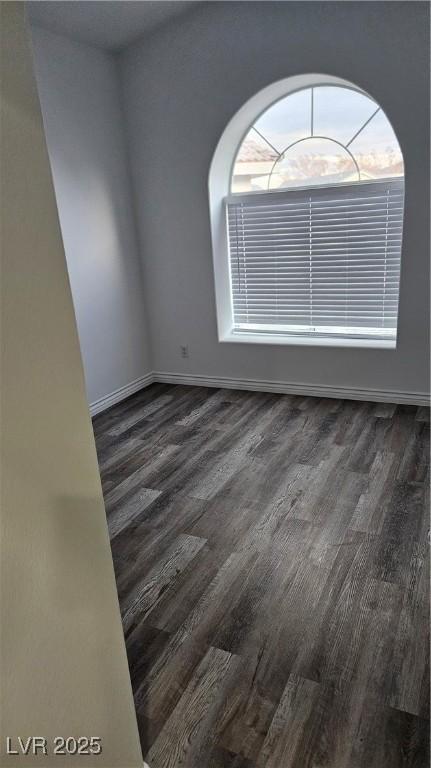 empty room with baseboards and dark wood-type flooring