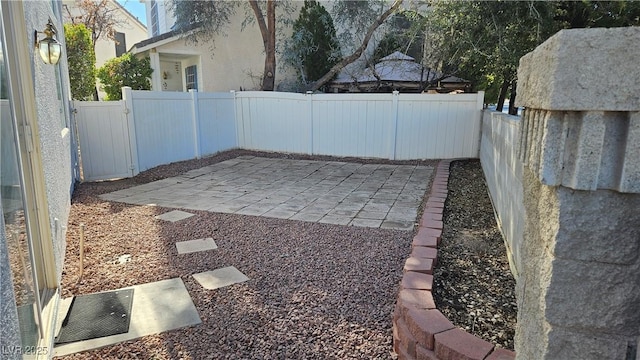 view of yard featuring a patio area, a fenced backyard, and a gate