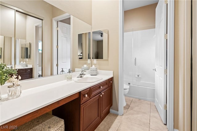 full bathroom with tile patterned floors, enclosed tub / shower combo, toilet, and vanity