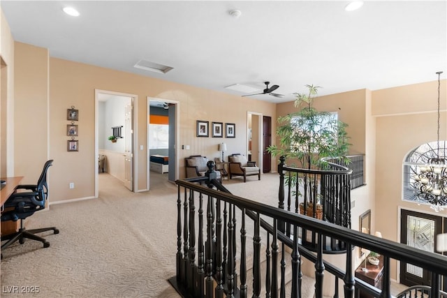 office with light carpet, a chandelier, recessed lighting, and baseboards