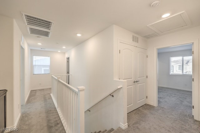 hallway with a healthy amount of sunlight and light carpet