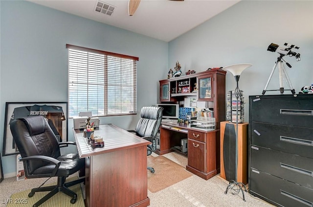 office area with light colored carpet and ceiling fan