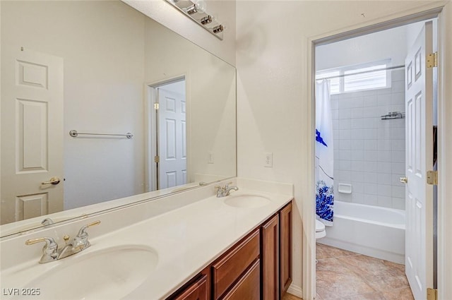 full bathroom featuring vanity, shower / tub combo with curtain, and toilet