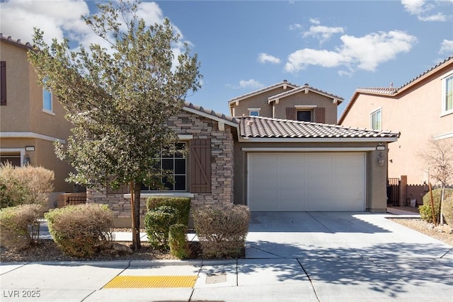 view of front facade featuring a garage, stone siding, driveway, and stucco siding