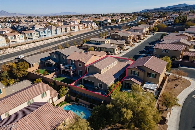 aerial view featuring a residential view and a mountain view