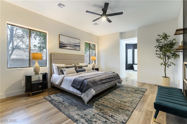 bedroom with ceiling fan and light wood-type flooring