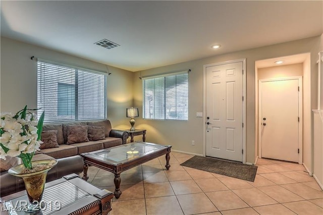 living room featuring light tile patterned floors