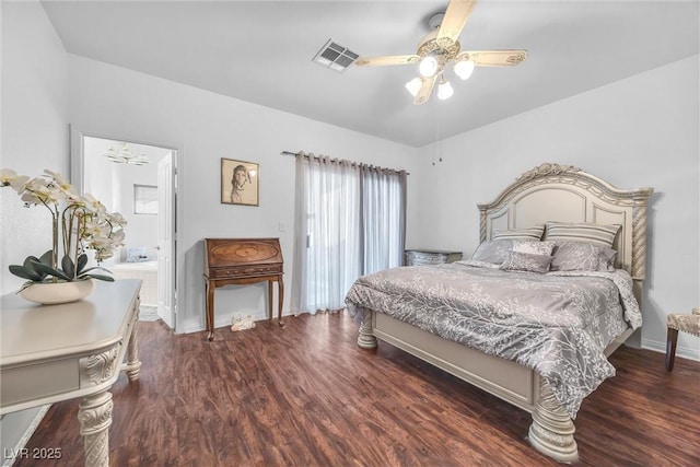 bedroom featuring ceiling fan, connected bathroom, and dark hardwood / wood-style floors