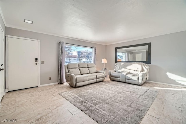 living room with crown molding