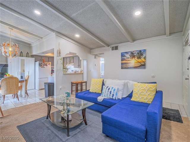 tiled living room with vaulted ceiling with beams and a textured ceiling