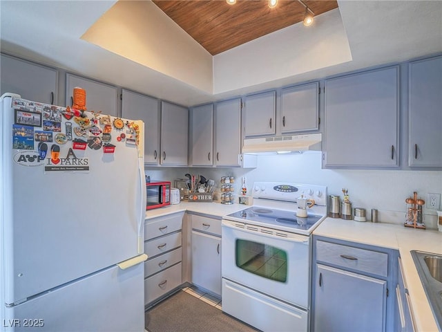 kitchen featuring white appliances, gray cabinets, and a raised ceiling