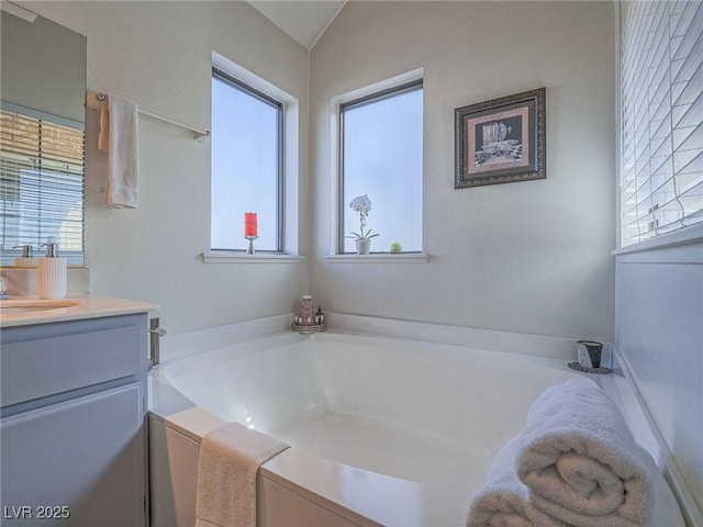 bathroom featuring vanity and a bath