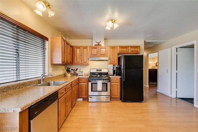 kitchen featuring sink, light hardwood / wood-style flooring, and appliances with stainless steel finishes