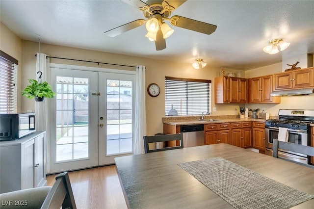 kitchen featuring sink, light hardwood / wood-style flooring, stainless steel appliances, and french doors