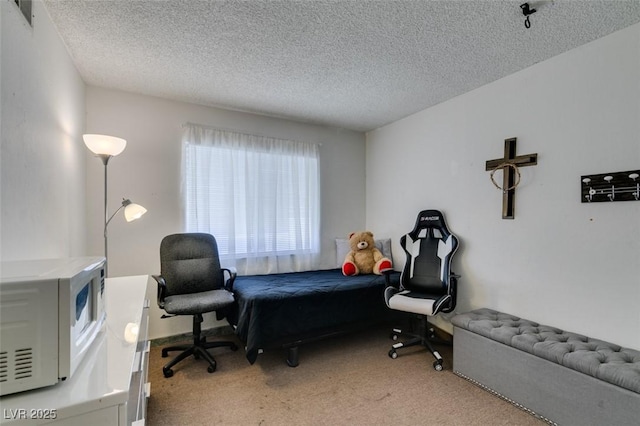 bedroom featuring light carpet and a textured ceiling