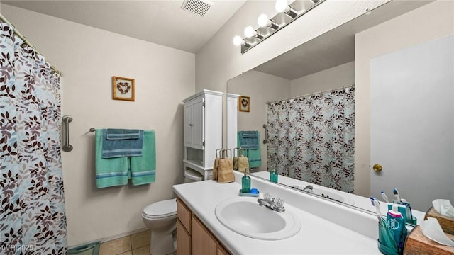 full bath with curtained shower, visible vents, toilet, vanity, and tile patterned floors