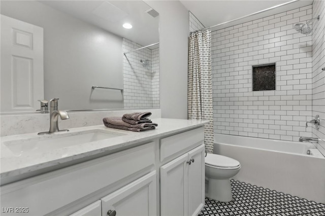 bathroom featuring tile patterned flooring, visible vents, toilet, shower / bath combination with curtain, and vanity