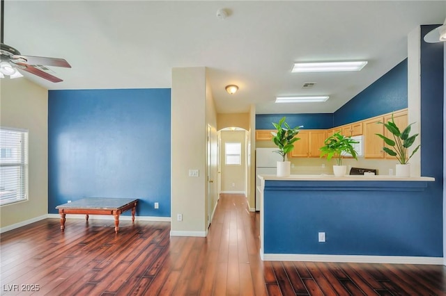 kitchen featuring light brown cabinetry, dark wood-type flooring, ceiling fan, and vaulted ceiling