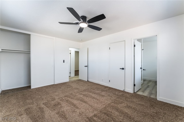 unfurnished bedroom with ceiling fan and light carpet