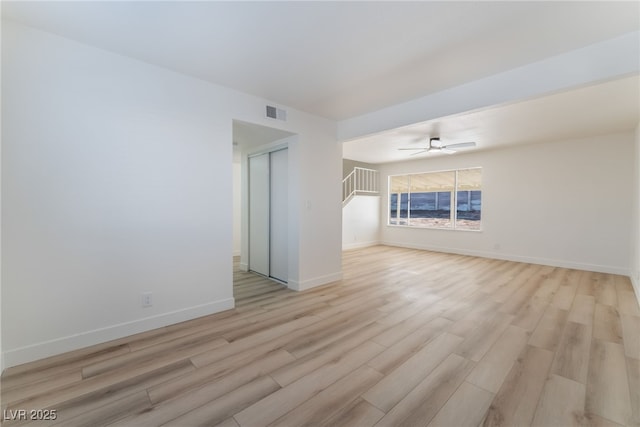 unfurnished room featuring ceiling fan and light wood-type flooring