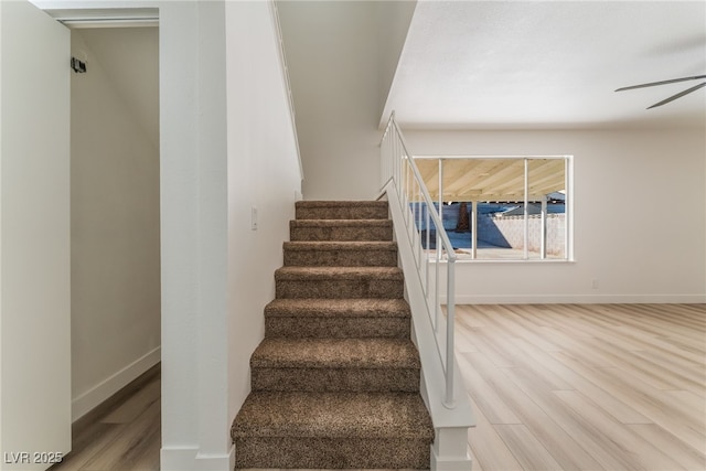 staircase with wood-type flooring and ceiling fan