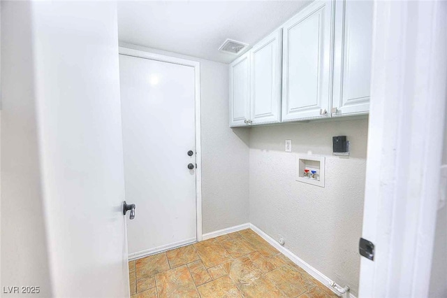 washroom with cabinet space, visible vents, baseboards, gas dryer hookup, and hookup for a washing machine