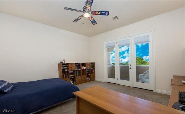 carpeted bedroom with access to outside and ceiling fan