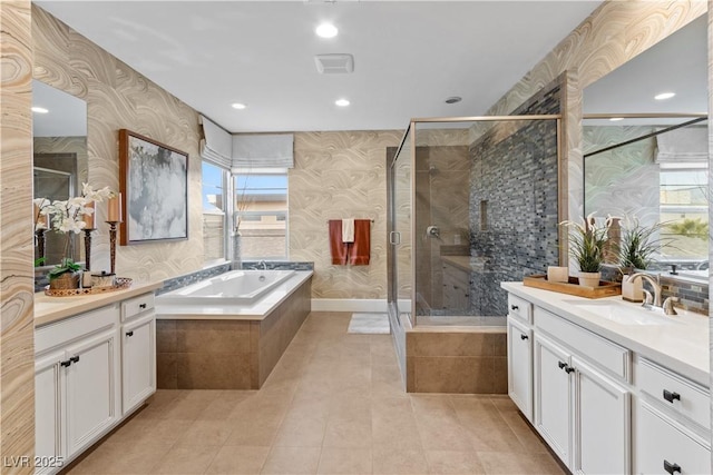 bathroom with vanity, tile patterned floors, and independent shower and bath