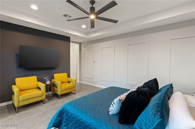 bedroom featuring tile patterned flooring and ceiling fan