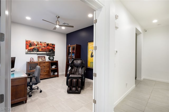 tiled office featuring ceiling fan