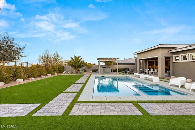 view of pool featuring an in ground hot tub, a patio, a pergola, and a lawn