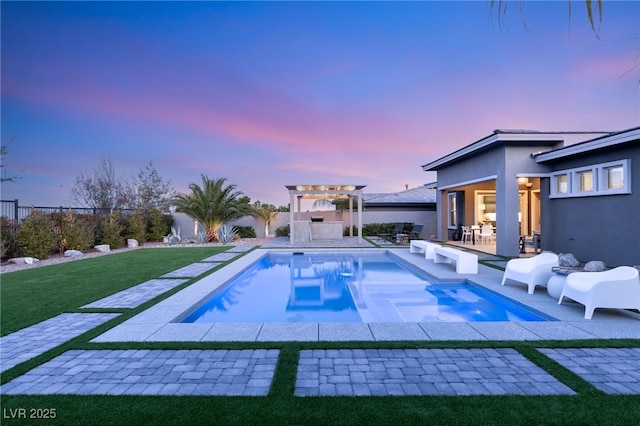 pool at dusk featuring a lawn, a patio area, and a pergola