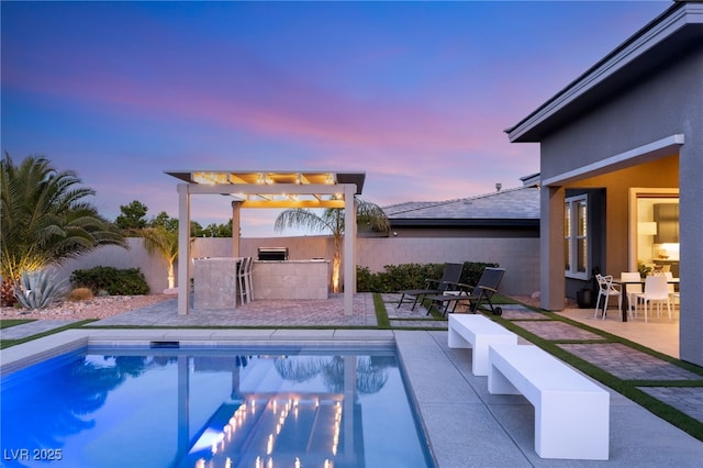 pool at dusk with a patio, a pergola, and an outdoor bar