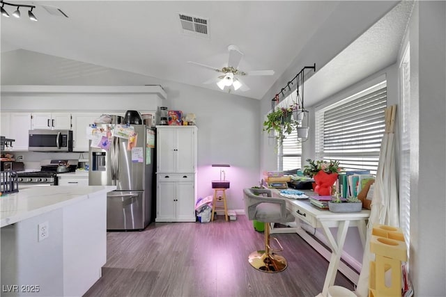 kitchen with lofted ceiling, appliances with stainless steel finishes, white cabinetry, hanging light fixtures, and dark hardwood / wood-style floors