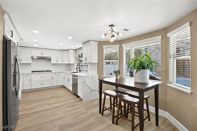 kitchen featuring tasteful backsplash, white cabinetry, sink, light stone counters, and stainless steel appliances