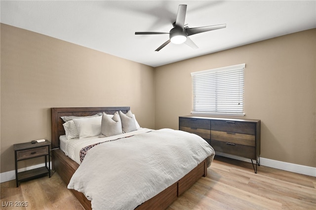 bedroom with ceiling fan and light wood-type flooring