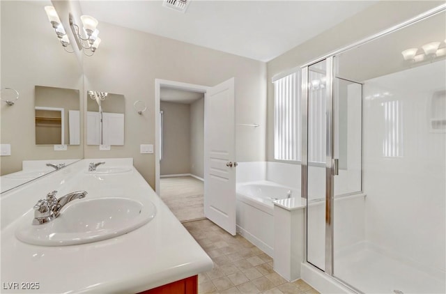 7659 Dewy Falls Ave, Las Vegas, NV 89179 - full bath with a bath, a shower stall, double vanity, and a chandelier