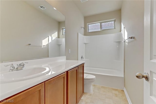 full bathroom with shower / bathtub combination, vanity, and toilet