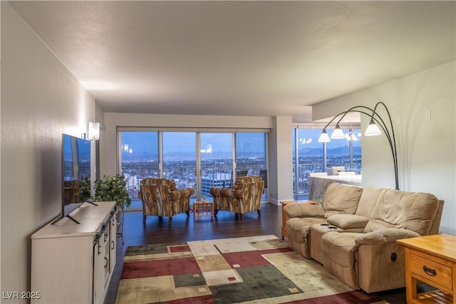 living room with dark hardwood / wood-style floors, a mountain view, and a wealth of natural light