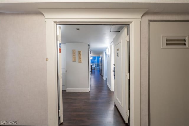 hallway with dark hardwood / wood-style flooring