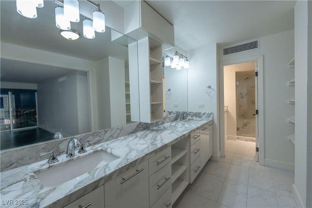 bathroom with vanity and walk in shower