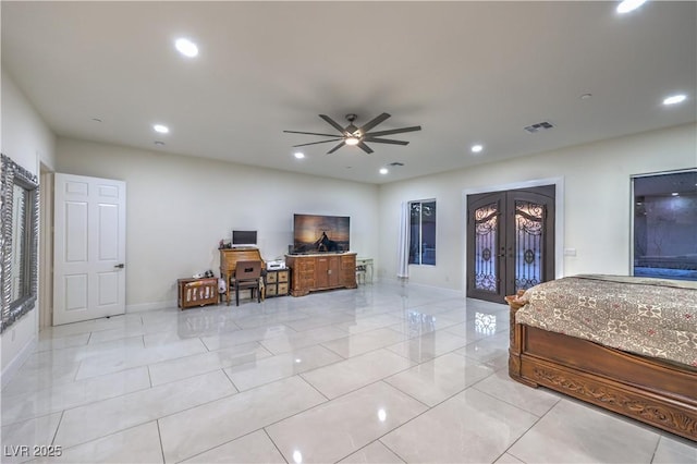 bedroom featuring french doors, ceiling fan, and access to exterior