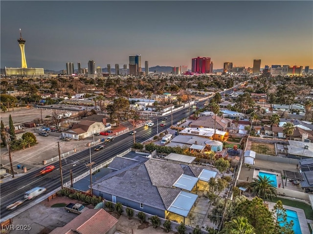 view of aerial view at dusk