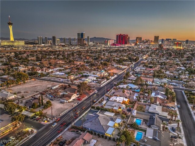 view of aerial view at dusk