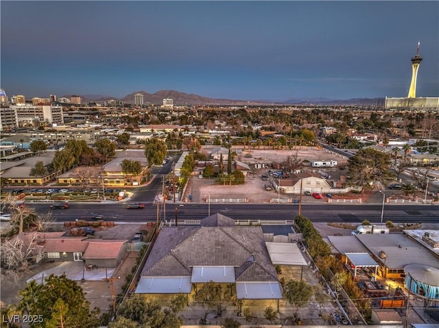 view of aerial view at dusk