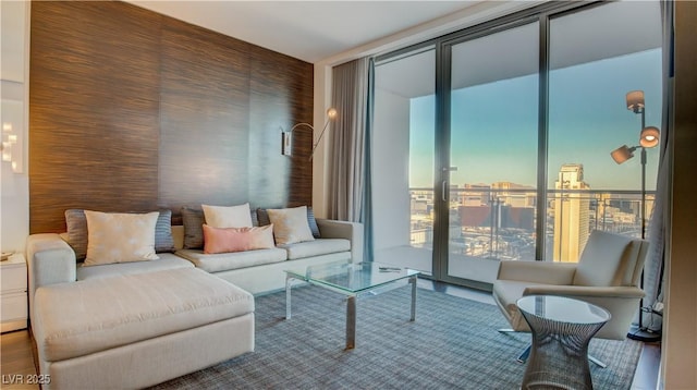 living room with floor to ceiling windows